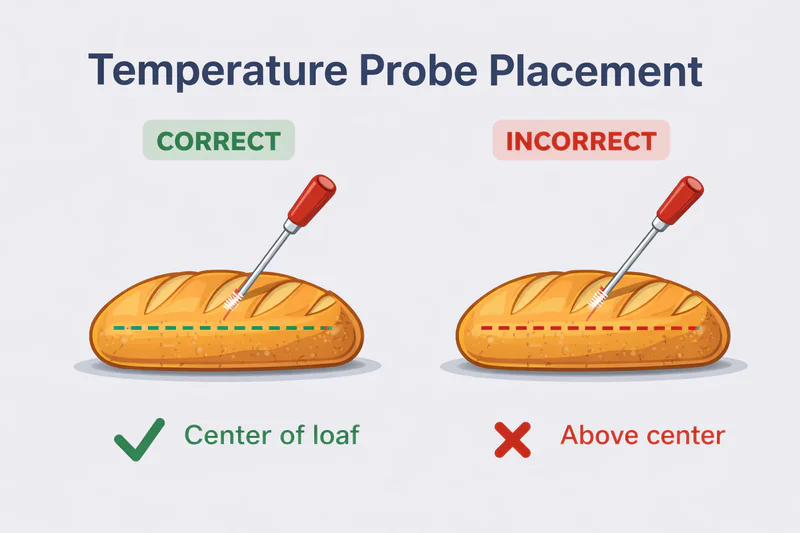 A diagram showing the correct vs. incorrect placement of a temperature probe in a loaf of bread.