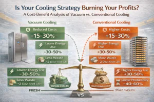 Cost-benefit infographic comparing vacuum cooling vs conventional cooling for bakeries, showing energy use, operating costs, waste, and productivity impact.