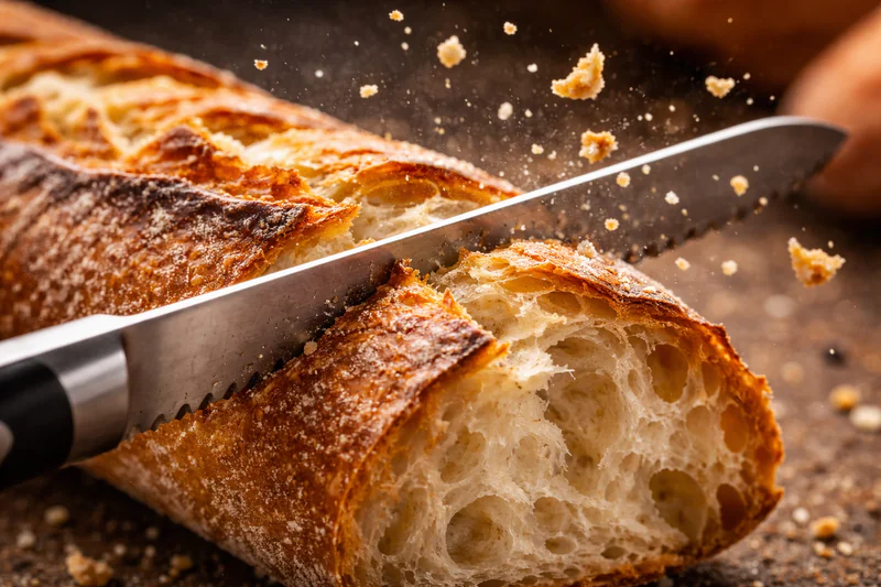 A macro shot of a knife cutting through a baguette crust, capturing the flying crumbs and the shattered texture of the crust.