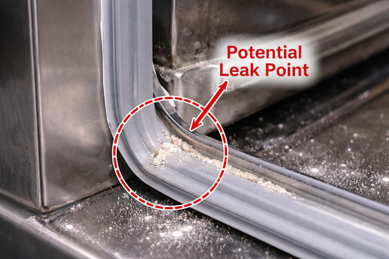 A close-up photo of a silicone door gasket with some flour crumbs on it, highlighting a potential leak point.