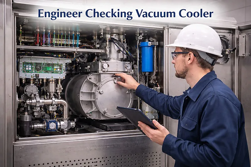 engineer checking vacuum cooler components with tablet