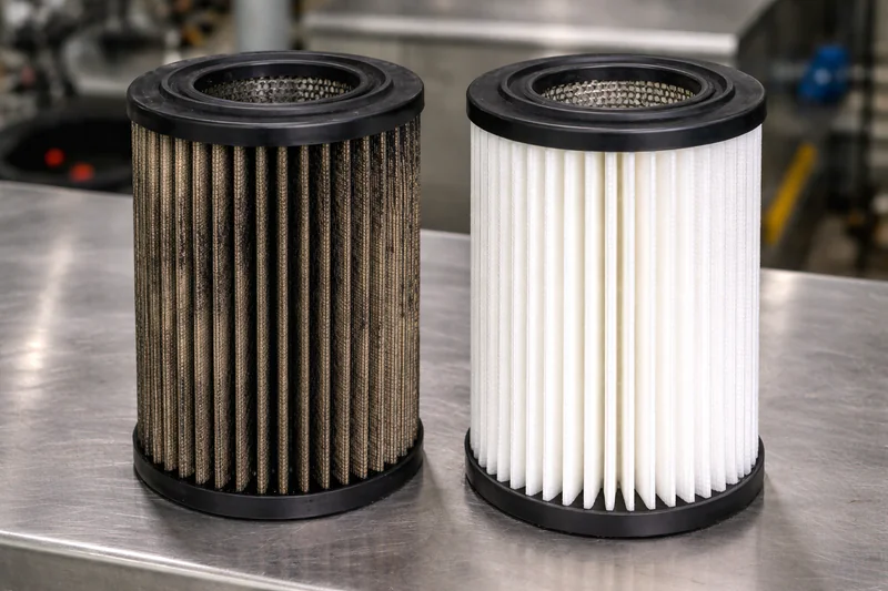 A photo of a dirty, black exhaust filter next to a clean, white new filter for comparison.