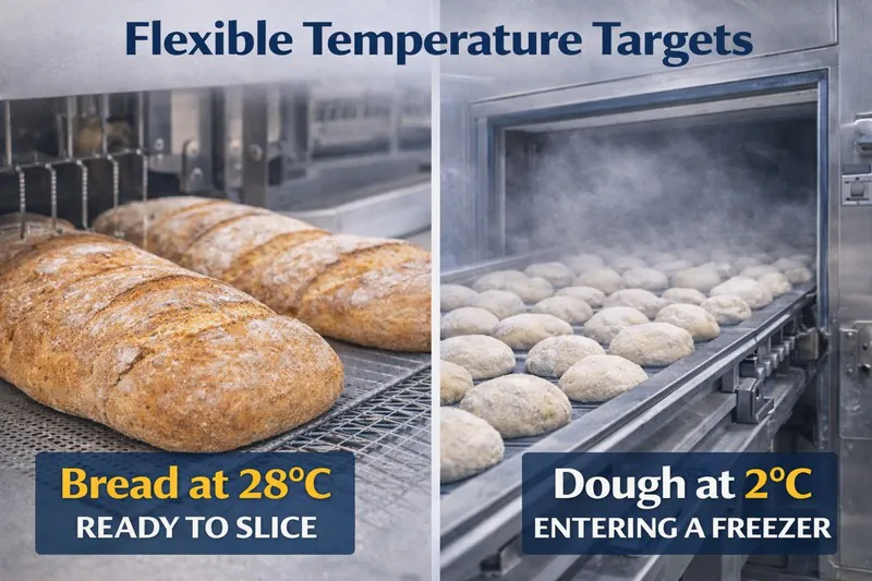 Comparison image: Bread at 28°C ready for slicing vs. Dough at 2°C entering a freezer
