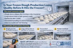 Infographic showing frozen dough quality loss before freezing, with common signs, main causes, and a quick self-check, illustrated by dough balls entering an industrial freezer line