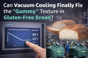 Banner image asking if vacuum cooling can fix gummy gluten-free bread texture, showing sliced gluten-free loaf, Siemens touchscreen cooling curve, and vacuum cooling equipment.