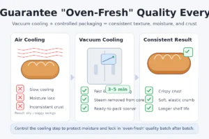 Commercial bakery graphic: vacuum cooling removes internal steam quickly to keep bread softer, maintain crisp crust, and extend shelf life consistently.