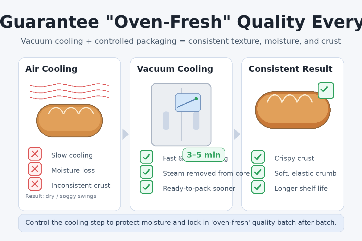 Commercial bakery graphic: vacuum cooling removes internal steam quickly to keep bread softer, maintain crisp crust, and extend shelf life consistently.