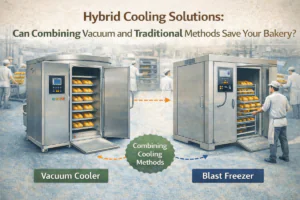 Hybrid cooling solutions for bakeries showing a vacuum cooler and blast freezer working together to improve cooling speed, energy efficiency, and production flexibility.
