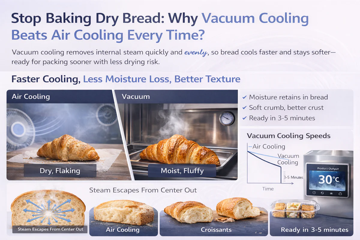 Vacuum cooling vs air cooling chart for bread: vacuum line drops sharply in 3–5 minutes while air cooling declines slowly over time