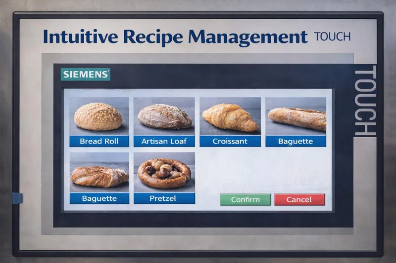 Close up of the Siemens PLC Touch Screen displaying different product recipe options