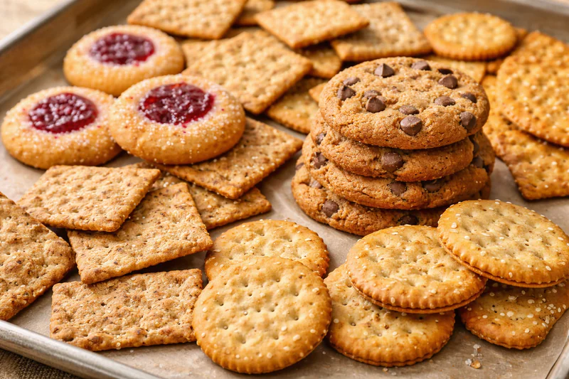 close up of dry cookies and crackers on a baking sheet