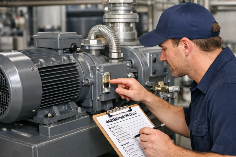 A photo of a maintenance technician holding a checklist and inspecting the oil gauge of a large industrial vacuum pump.