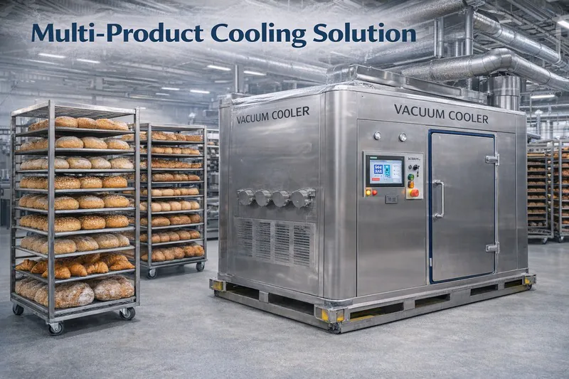 Modern bakery factory floor with a stainless steel vacuum cooler and a variety of bread products on trolleys