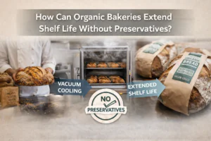Organic bakery vacuum cooling infographic showing fresh sourdough loaves in a stainless steel vacuum cooler, highlighting extended shelf life without preservatives.