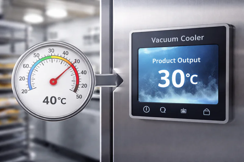 A photo of a thermometer showing 40°C next to a vacuum cooler, while a screen on the machine shows a cool 30°C product output.