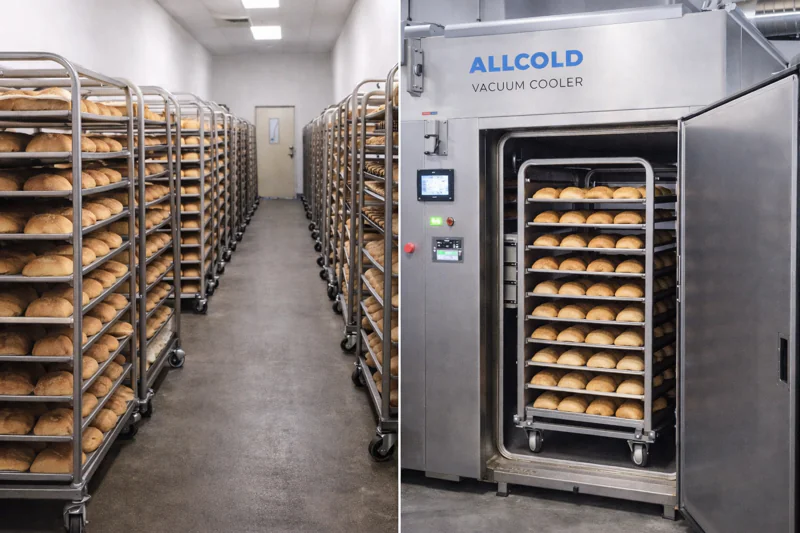 A side-by-side view: A traditional cooling rack crowded in a hallway vs. a sleek Allcold vacuum cooler loaded with a trolley