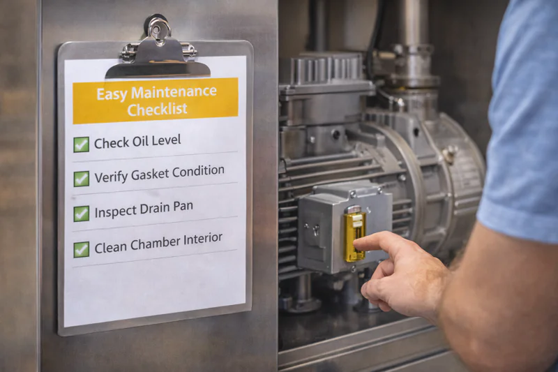 A photo of a simple laminated checklist on a clipboard hanging next to the machine, with a person easily checking the oil level gauge on the pump.