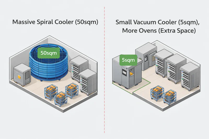 A diagram showing the floor plan of a bakery. One side shows a massive spiral cooler taking up 50sqm. The other side shows a small vacuum cooler taking up 5sqm, with the extra space used for more ovens.