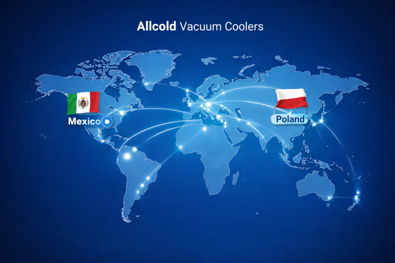 A world map graphic highlighting connection lines to Mexico and Poland, symbolizing the global reach of Allcold vacuum coolers