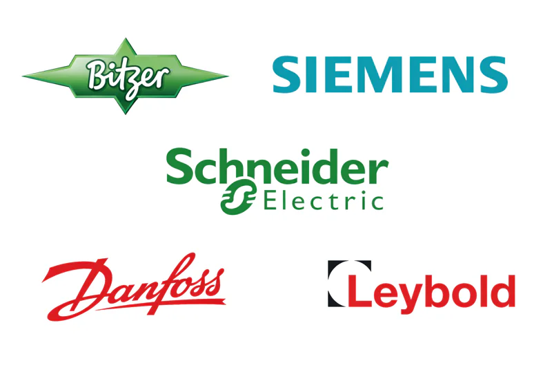 A collage of logos: Bitzer, Siemens, Schneider Electric, Danfoss, and Leybold, representing the component ecosystem