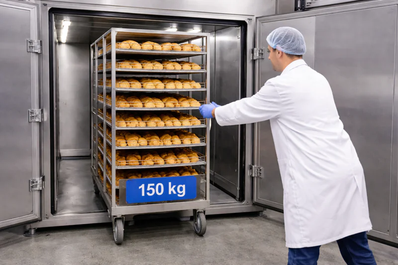 A photo of a 150kg trolley loaded with baked goods being pushed into a stainless steel vacuum chamber