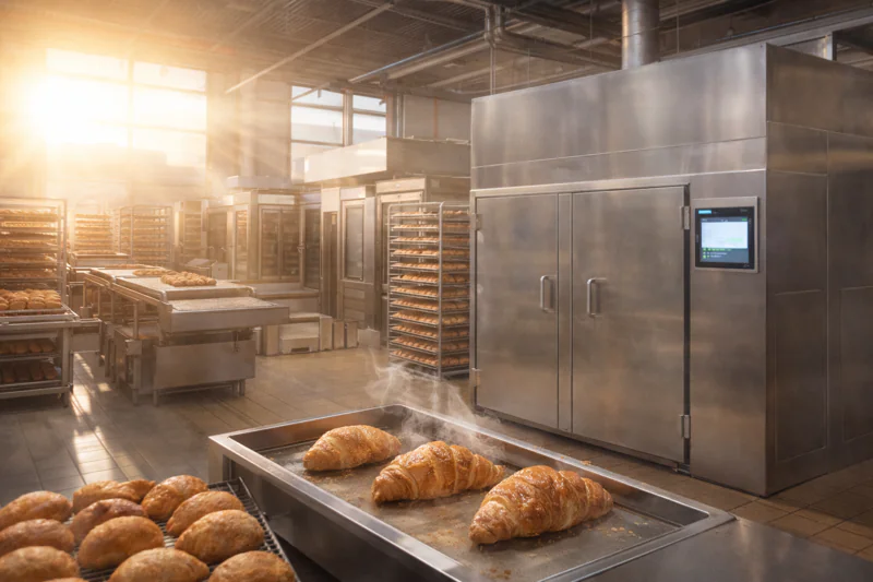 A wide shot of a large industrial bakery with a vacuum cooler installed. Sunlight is streaming in, suggesting a hot day, but the machine is running smoothly.