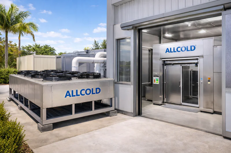 An outdoor view of a factory in a sunny climate, showing the heavy-duty air-cooled condenser unit of an Allcold machine