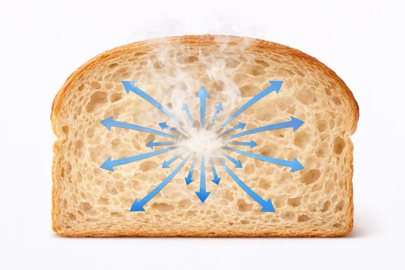 A cross-section diagram of a loaf of bread. Blue arrows show steam escaping from the very center evenly in all directions.