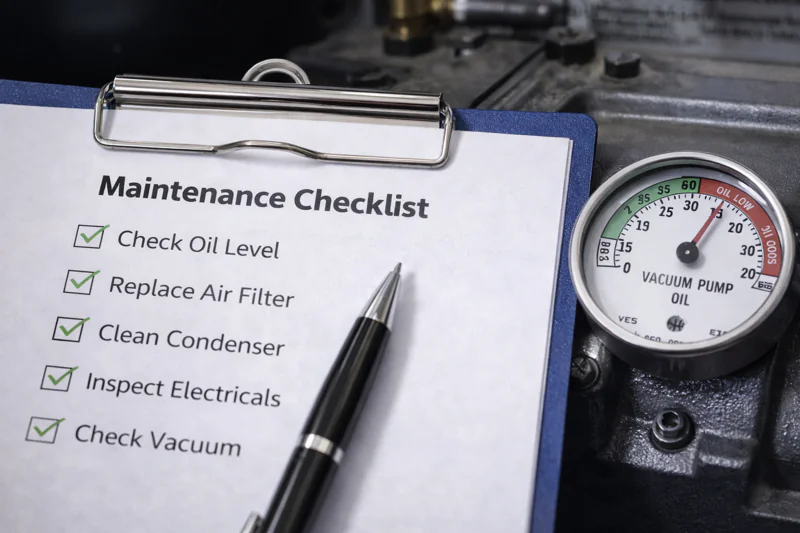 A close-up shot of a maintenance checklist on a clipboard next to a vacuum pump oil gauge