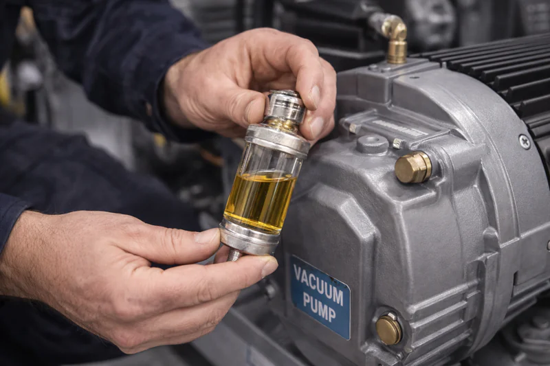 A technician performing an oil check on the vacuum pump, highlighting clear, clean oil