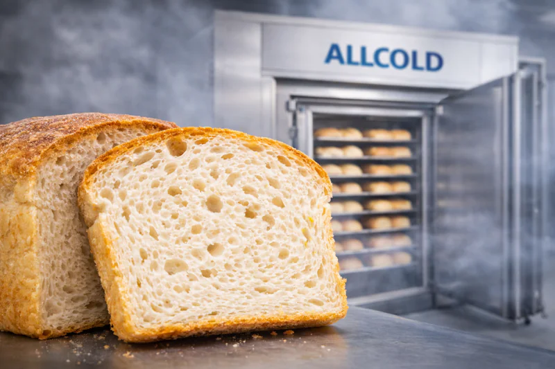 A close-up shot of a sliced gluten-free loaf showing a perfect, airy crumb texture next to a vacuum cooler