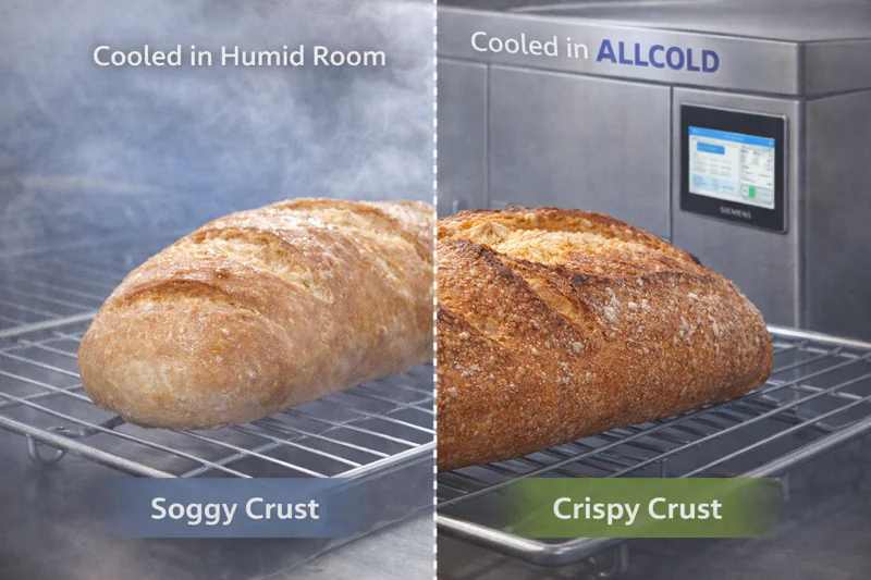 A split-screen comparison: Left side shows soggy bread cooled in a humid room; Right side shows perfect, crispy crust bread cooled in an Allcold vacuum cooler