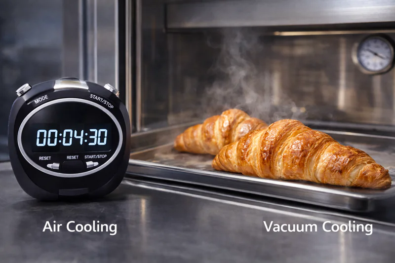 A photo of a digital stopwatch showing '00:04:30' sitting next to a tray of steaming fresh croissants entering a stainless steel vacuum cooler.