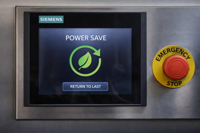 Image of the Siemens touch screen showing the 'Power Save' mode and Emergency Stop button