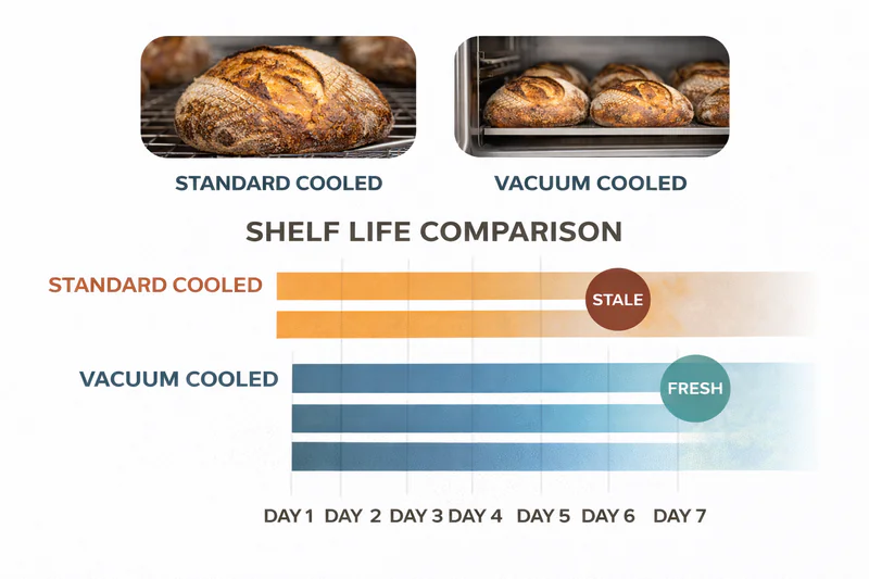 A comparison chart showing shelf life of standard cooled vs vacuum cooled organic bread