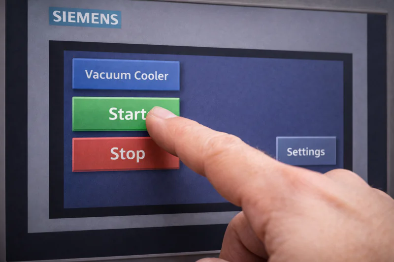 A close-up of a finger pressing the green 'Start' button on the Siemens touch screen interface