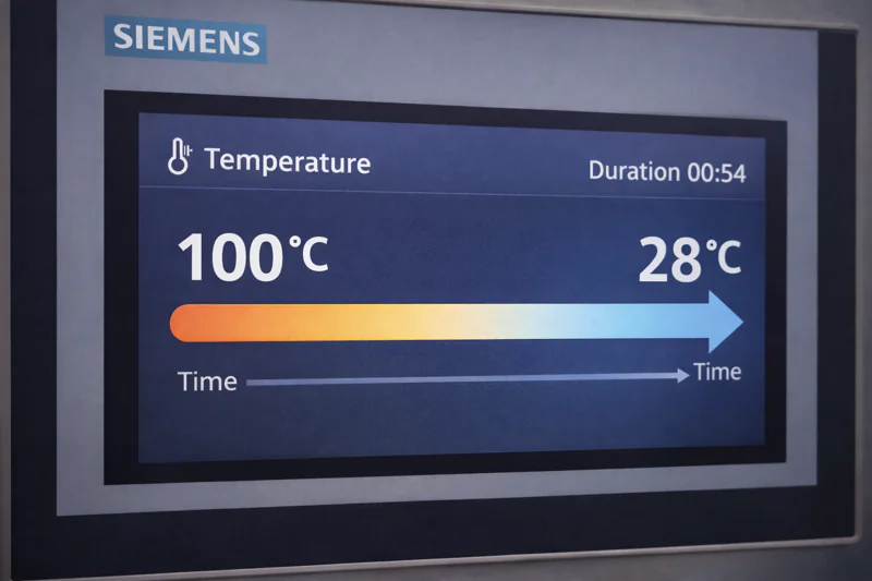 A photo of a digital display showing the temperature dropping from 100C to 28C in real-time