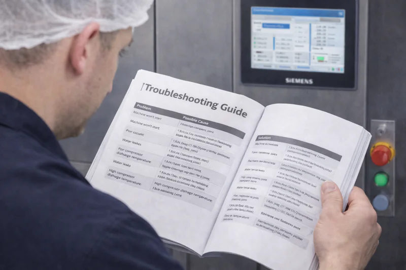 An operator looking at the troubleshooting section of the manual while standing at the machine control panel