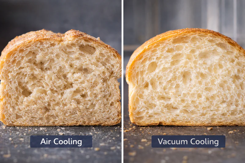 A side-by-side comparison photo: Left side shows a sliced loaf cooled by air with a dry, crumbly texture. Right side shows a vacuum cooled loaf with a moist, elastic structure and thin crust.