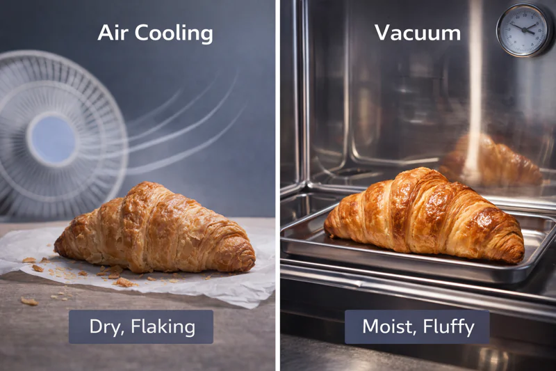 A split screen image: Left side shows a dry, flaking croissant under a fan; Right side shows a moist, fluffy croissant inside a stainless steel vacuum chamber.