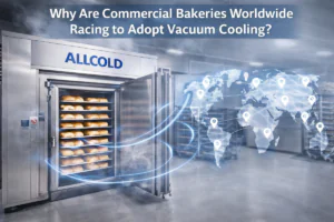 Banner image showing an Allcold vacuum cooling machine in a commercial bakery with a world map and connection lines, highlighting global adoption of vacuum cooling