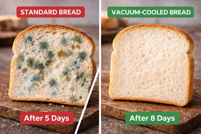 A split-screen photo: On the left, a standard loaf of bread showing green mold spots after 5 days; on the right, a vacuum-cooled loaf looking fresh and mold-free after 8 days.