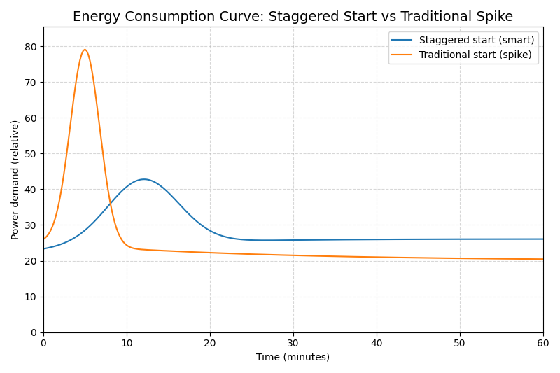 Diagram showing energy consumption curve: Staggered start vs. Traditional spike