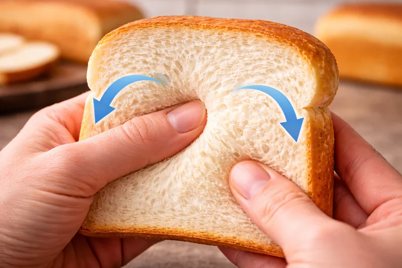 A photo of a hand squeezing a slice of white bread, showing it bounce back to its original shape, indicating freshness and moisture.