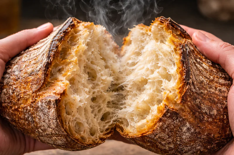 A close-up photo of a sourdough loaf being torn open, showing steam rising, a thick crispy crust, and a fluffy, airy internal crumb structure.