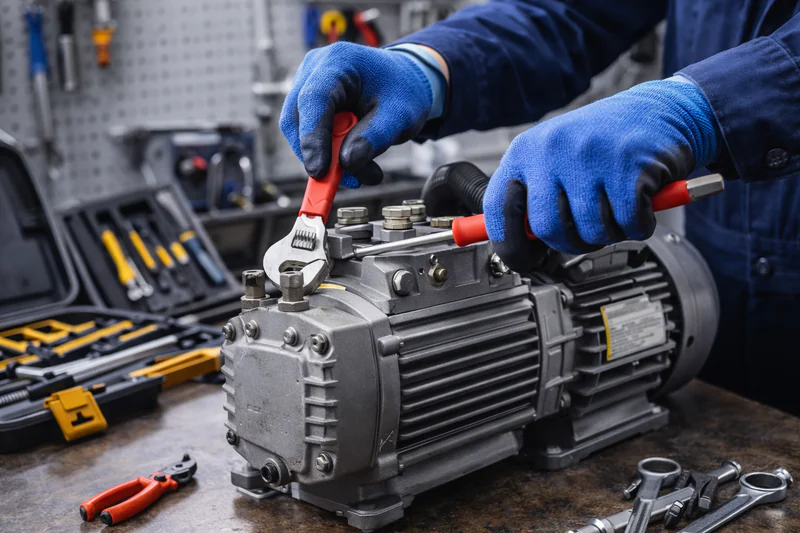 technician servicing a vacuum pump with tools