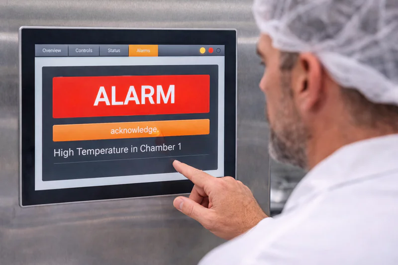 A photo of a bakery manager looking at a touchscreen control panel displaying a red 'ALARM' notification.