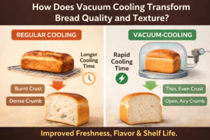 Infographic comparing regular cooling vs vacuum cooling for bread, showing faster cooling time, thinner crust, and more open airy crumb structure to improve bread quality, texture, freshness, and shelf life.
