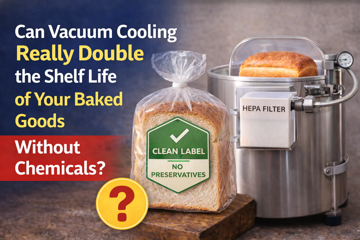 Promotional graphic asking if vacuum cooling can double baked goods shelf life without chemicals, showing a “Clean Label – No Preservatives” bread package beside a stainless steel vacuum cooling machine with a HEPA filter unit.