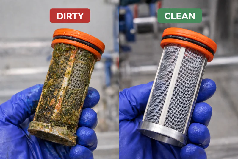A photo of a dirty water strainer mesh clogged with algae and rust compared to a clean one.